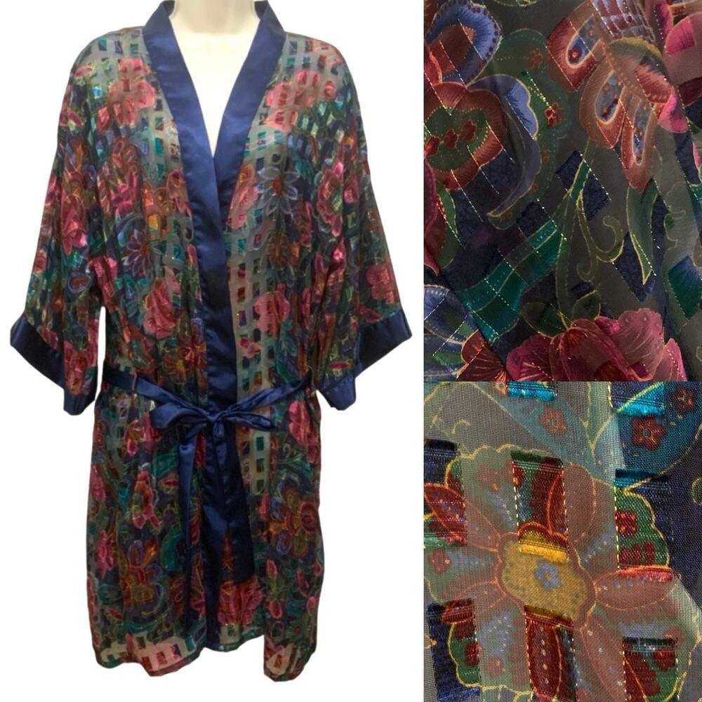 Vintage Inner Most Sheer Floral Robe Kimono Sleeve Jewel Tones Womens Large
